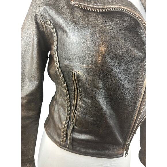 Unik Distressed Brown Leather Braided Moto Motorcycle Jacket Cross Zip Size XS - Picture 6 of 16